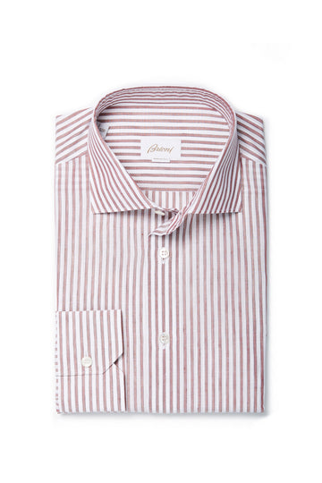 BRIONI Brown/White Long-Sleeve Cotton & Linen Shirt