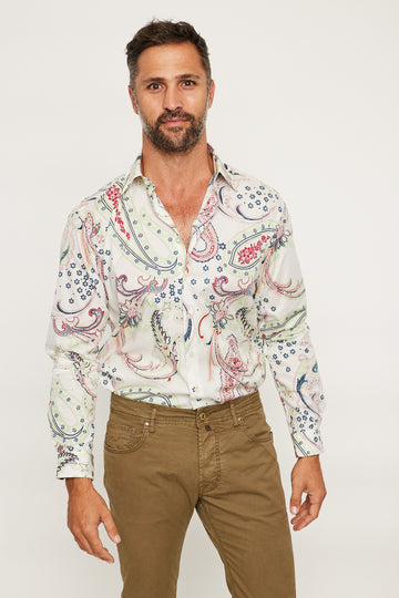 ETRO SHIRT GREEN/RED/NAVY PAISLEY W STRETCH