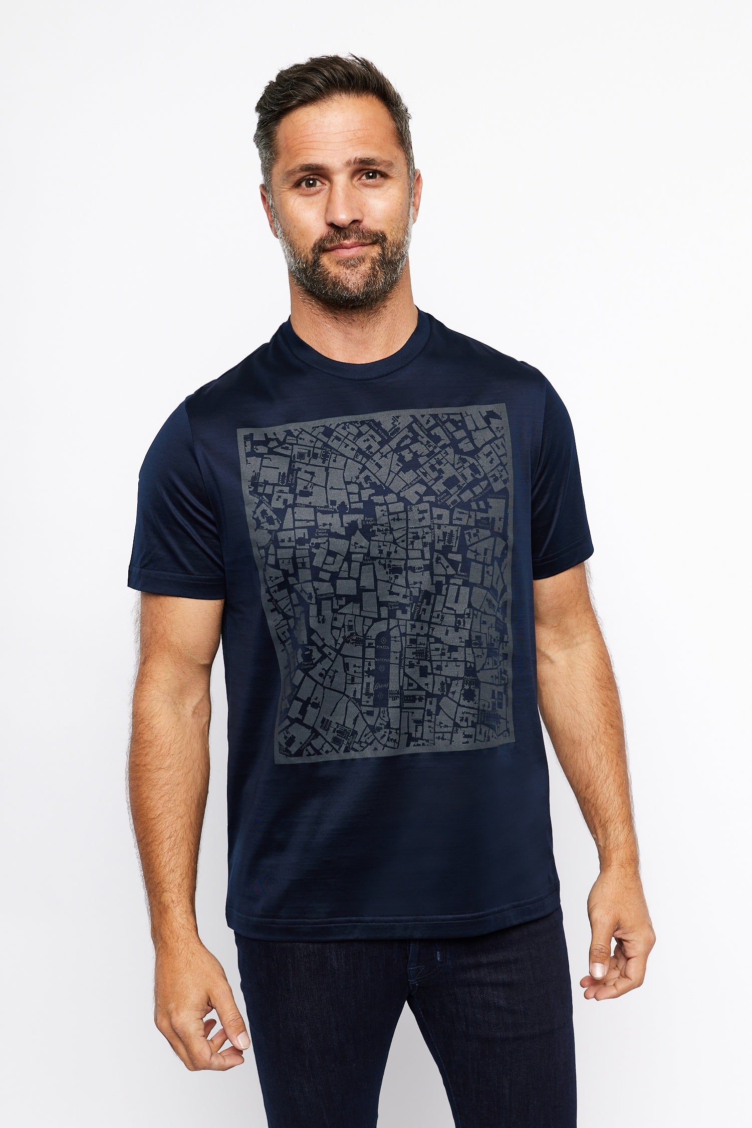 BRIONI | Printed T-Shirt Rome Street Map | Navy