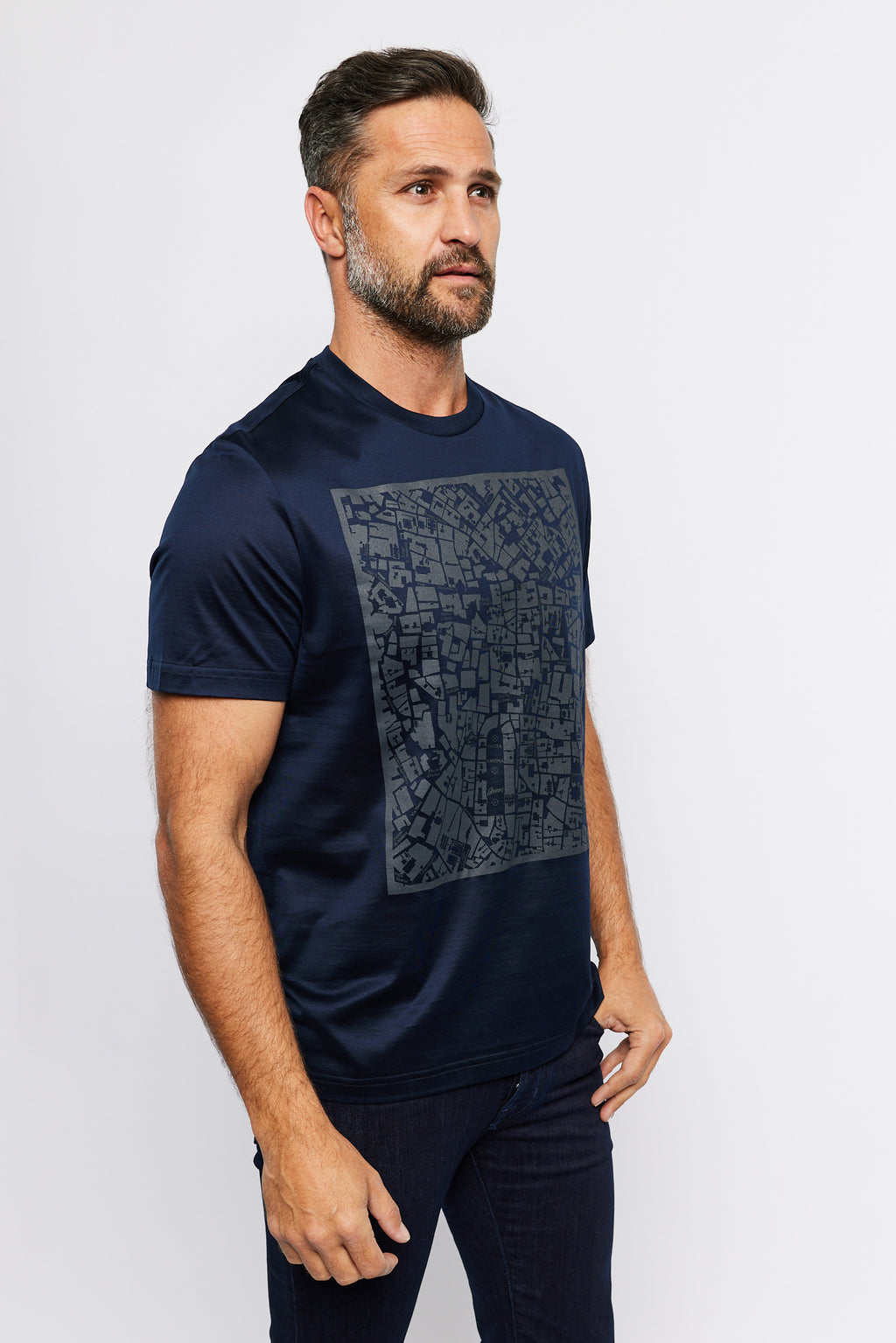BRIONI | Printed T-Shirt Rome Street Map | Navy