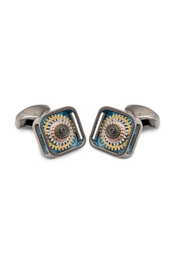 TATEOSSIAN Gunmetal Square Cufflinks with Blue Finish