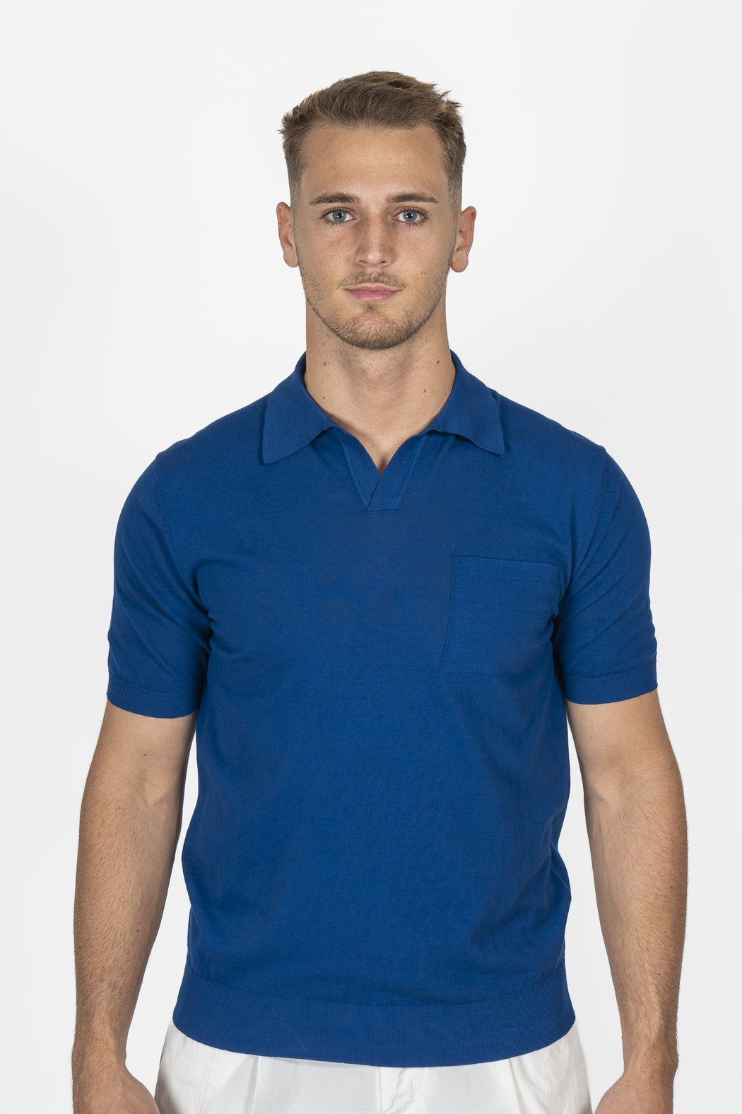 ALTEA Royal Blue Knitted V-Neck Polo — Mitchell Ogilvie