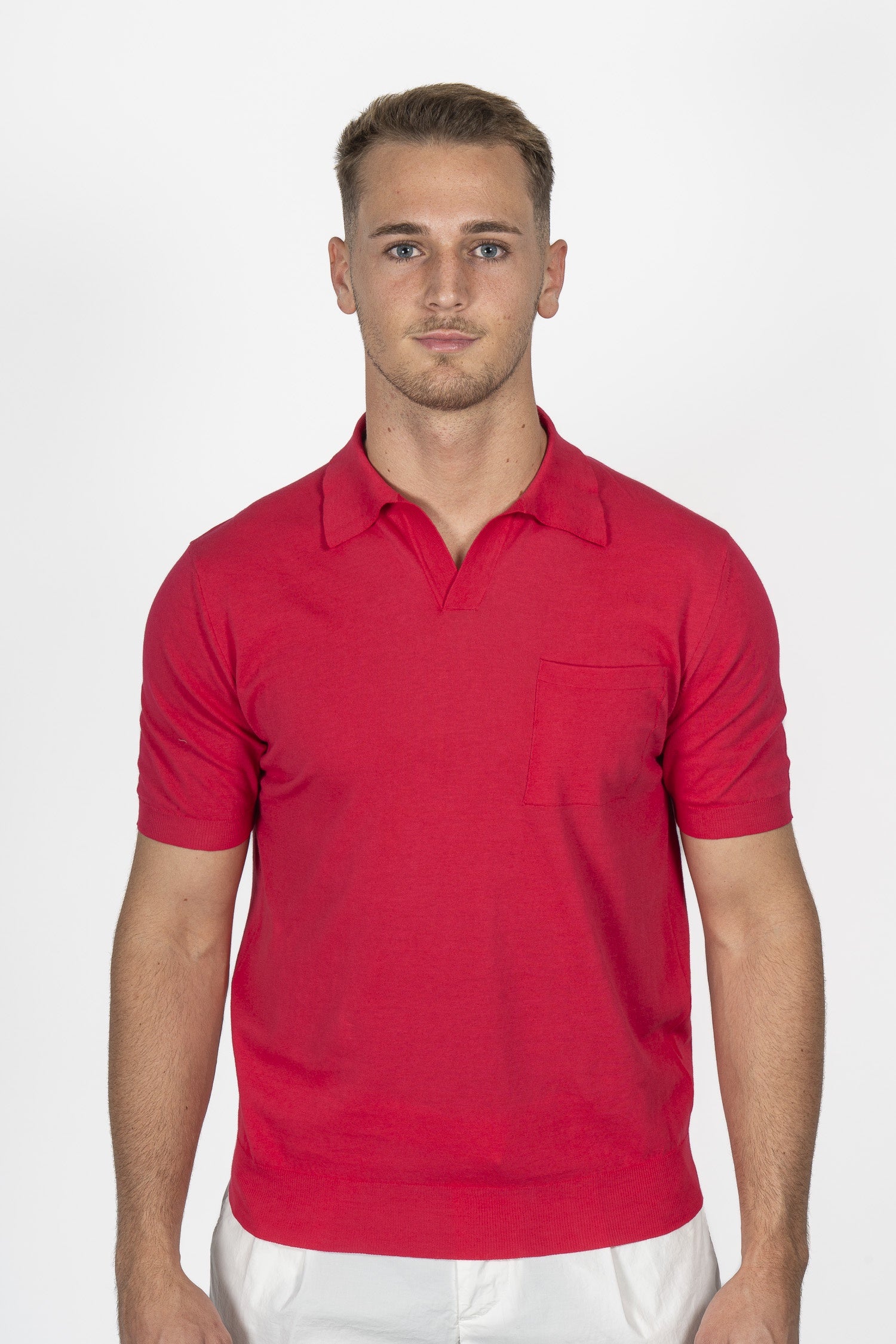 ALTEA | Knitted V-Neck Polo | Hot Pink