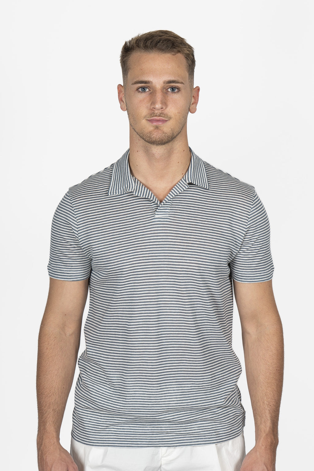 ALTEA | Cotton & Linen Stripe Polo | Blue Steel