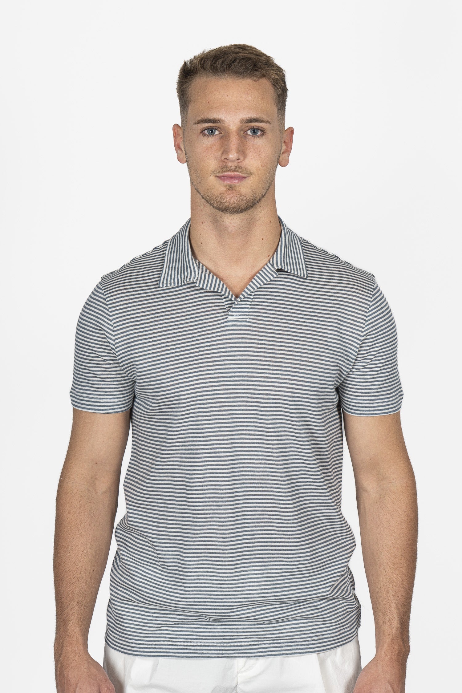 ALTEA | Cotton & Linen Stripe Polo | Blue Steel