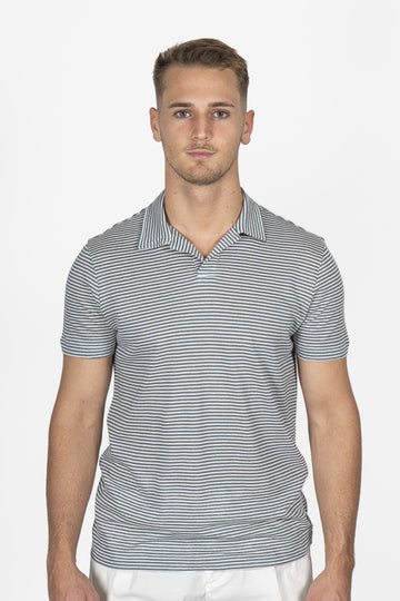 ALTEA Blue Steel Cotton & Linen Stripe Polo