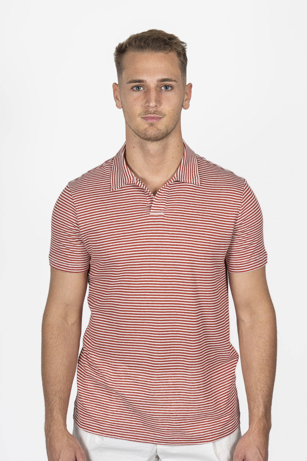 ALTEA | Cotton & Linen Stripe Polo | Red