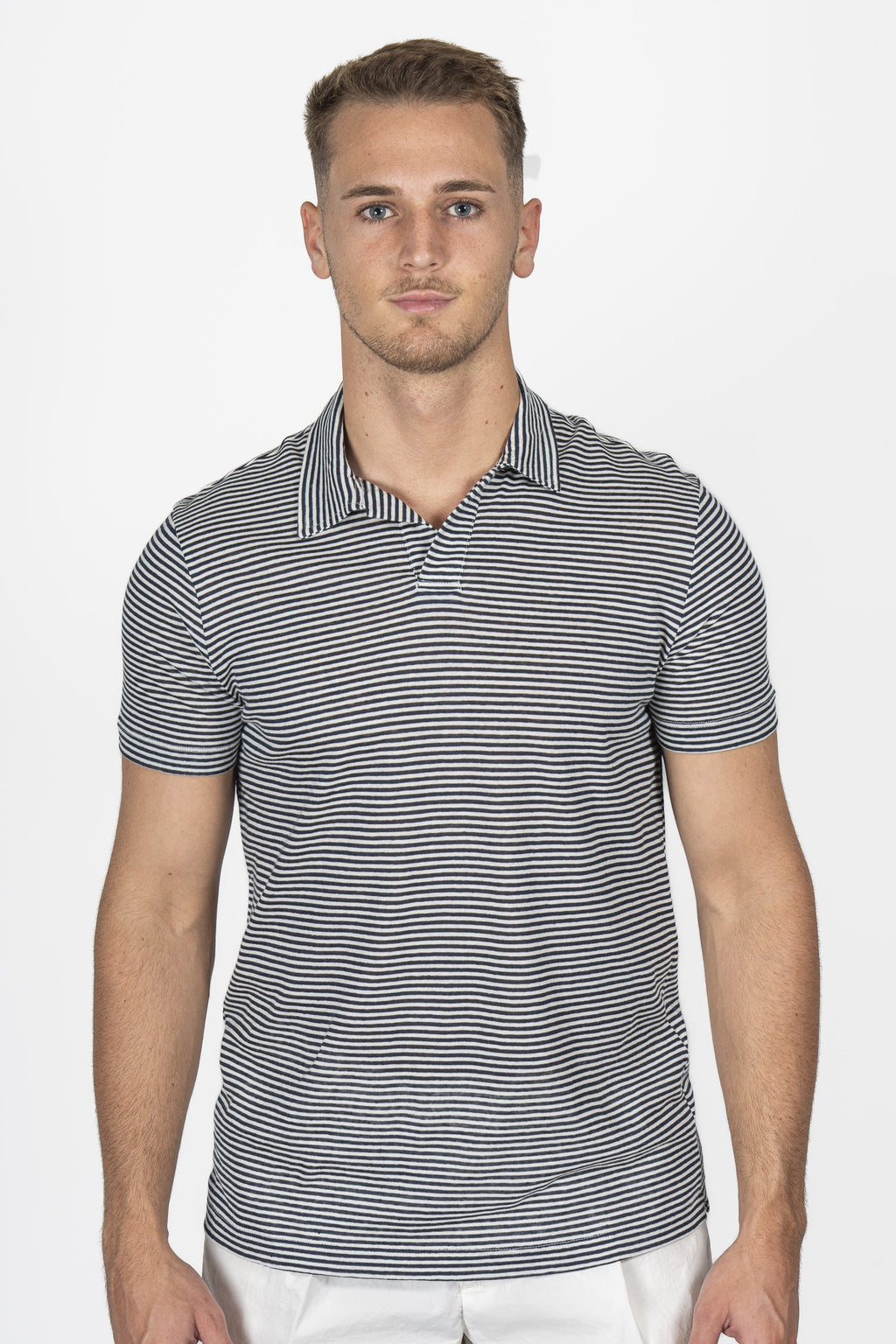 ALTEA | Cotton & Linen Stripe Polo | Navy