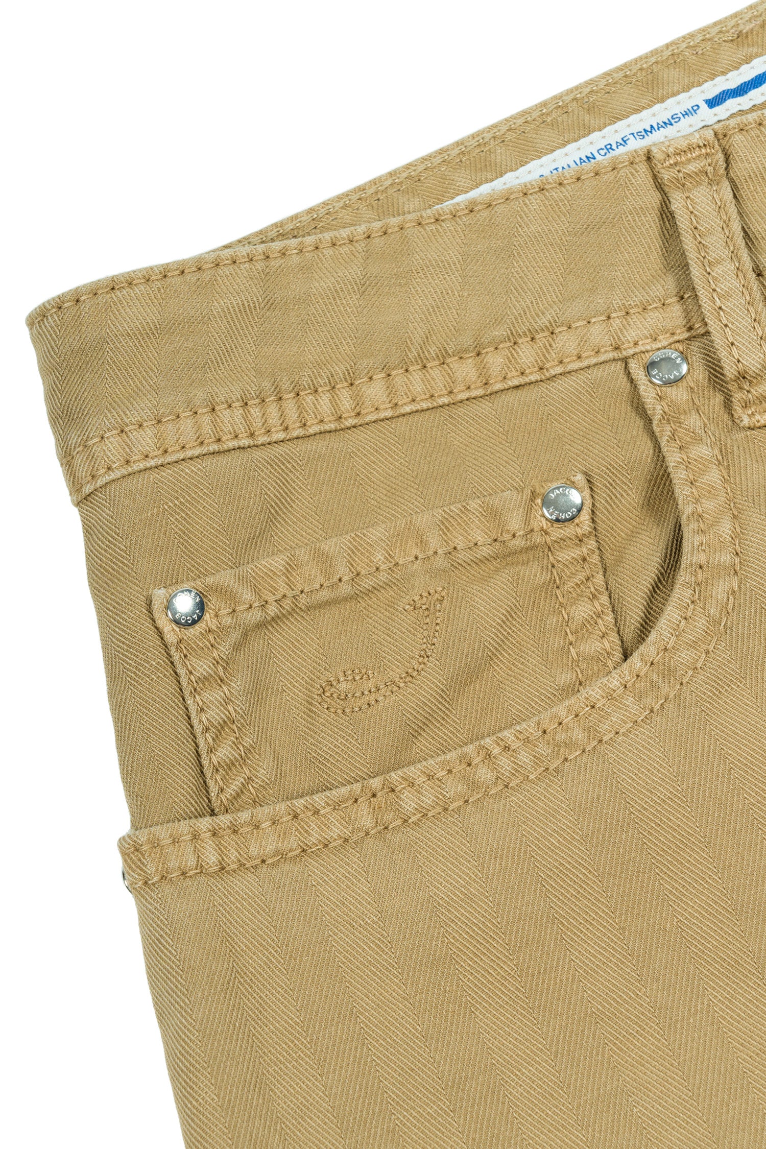 JACOB COHEN | Cotton & Linen Herringbone Trousers | Camel