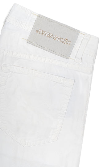 JACOB COHEN White Cotton & Linen Herringbone Trousers