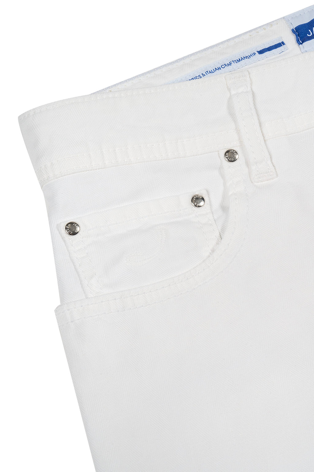 JACOB COHEN | Cotton & Linen Herringbone Trousers | White