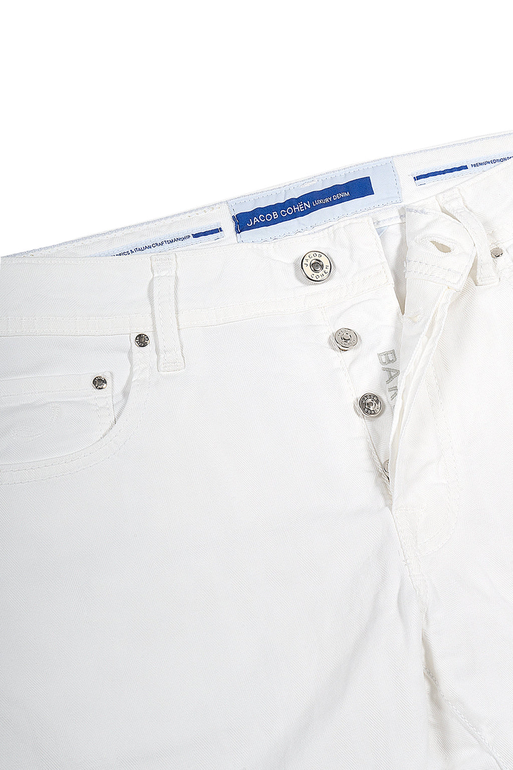 JACOB COHEN | Cotton & Linen Herringbone Trousers | White