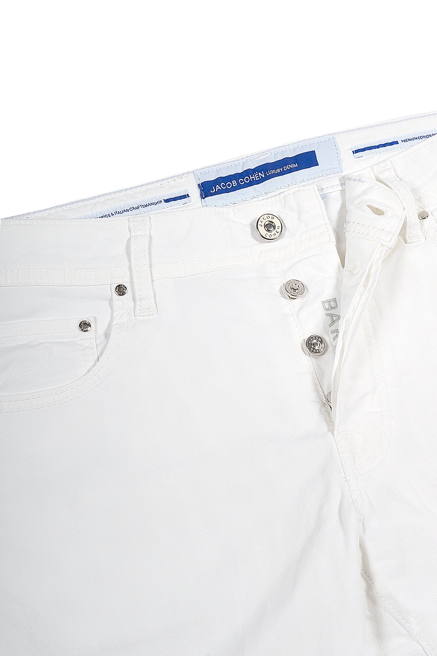 JACOB COHEN | Cotton & Linen Herringbone Trousers | White