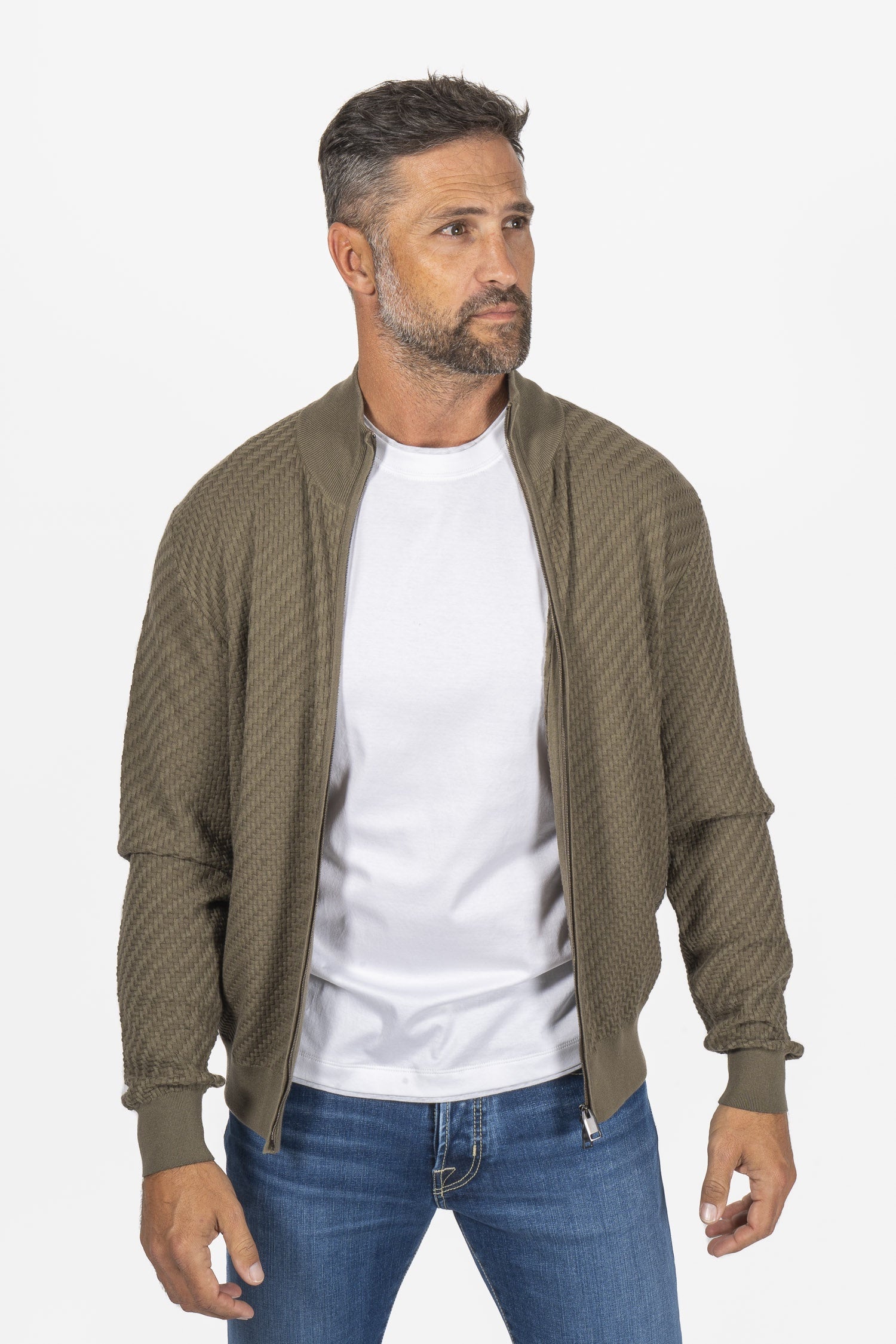 BRIONI | Zip Front Basket Weave Knit | Hunter Green