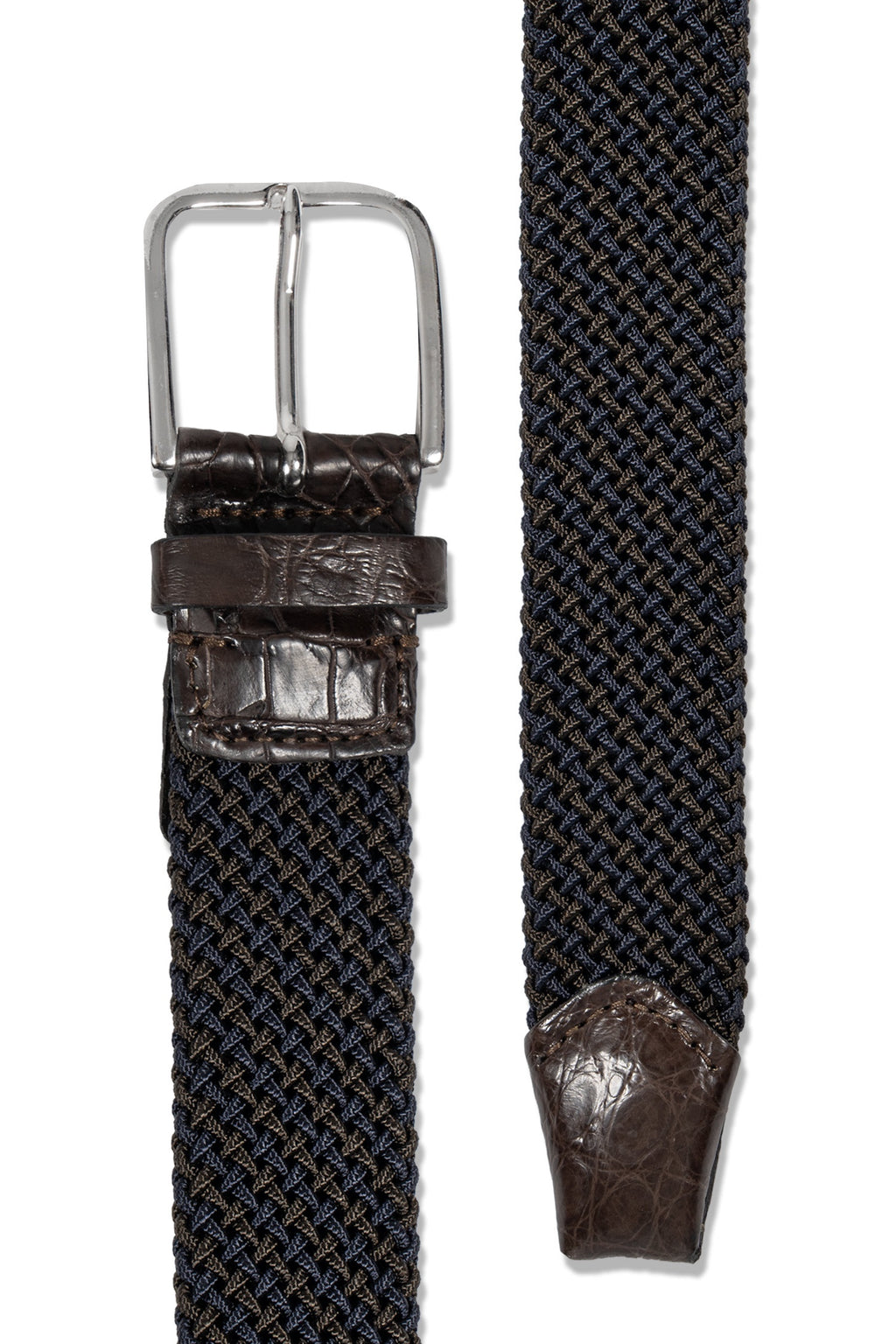 MITCHELL OGILVIE | Plaited Elasticated Belt Croc Trims | Navy & Choc