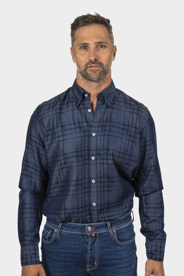 CANALI Dark Blue Checked Chambray Shirt