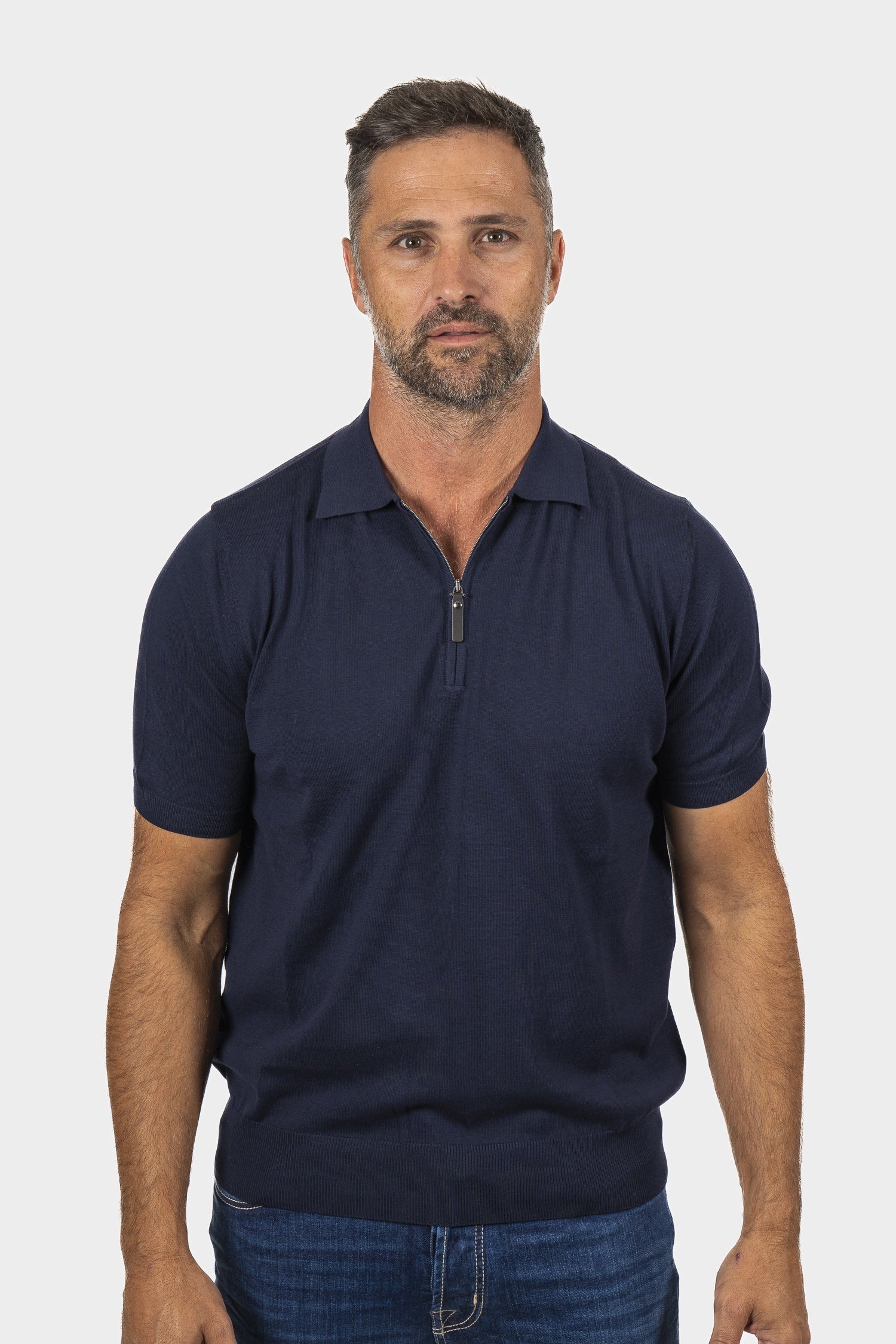 CANALI | Zip-Neck Knitted Polo | Navy