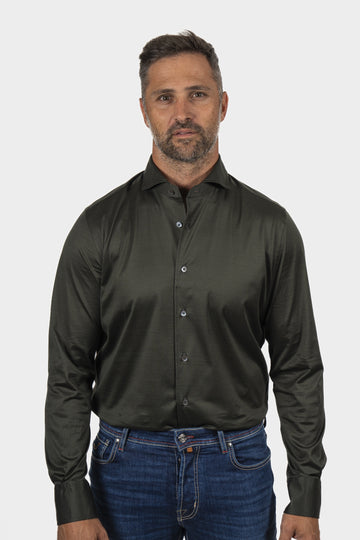 CANALI Dark Green Jersey Shirt Spread Collar