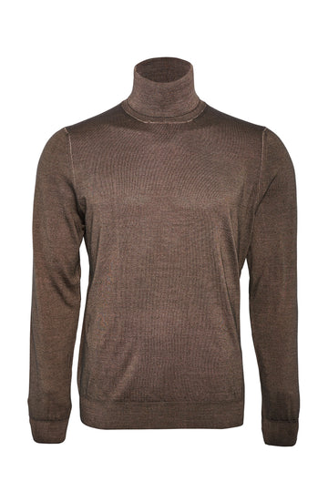 CANALI Chocolate Washed Wool/Silk Roll Neck Knit